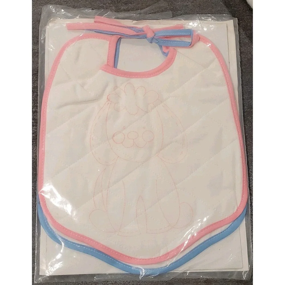 Vogart NEW Vintage Quilted 2 Baby Bibs RARE #8330 Painting Embroidery Pink Blue